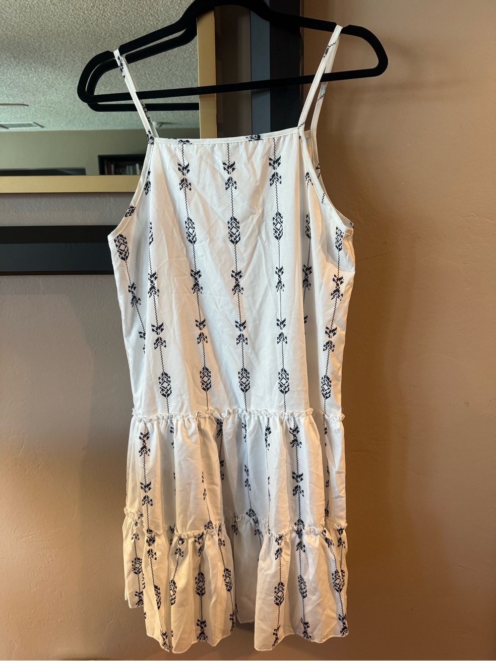White Sleeveless Tiered Sun Dress with Black Embroidery